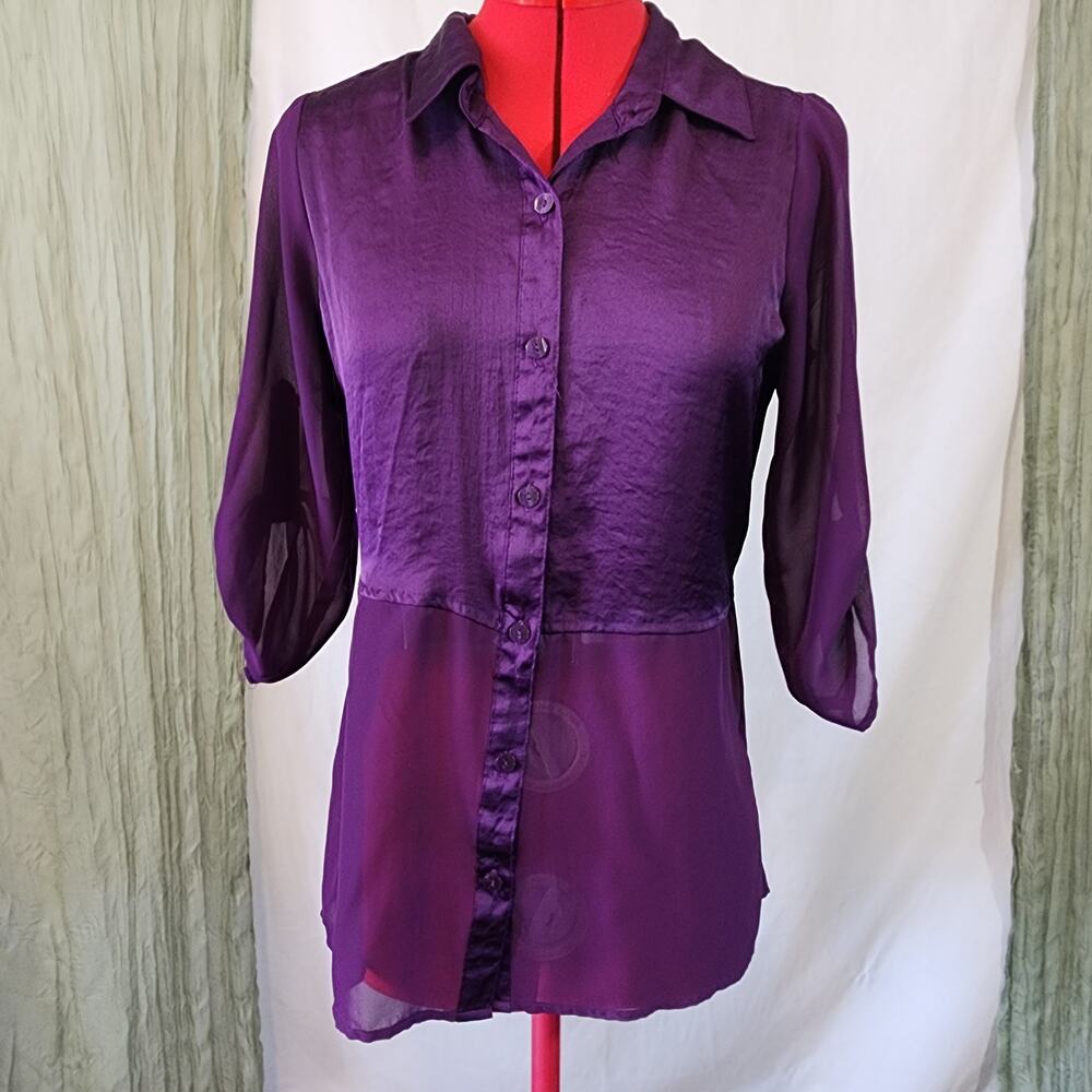 Maurices Purple Silky Sheer Button Up Roll Tab Sleeves Size S